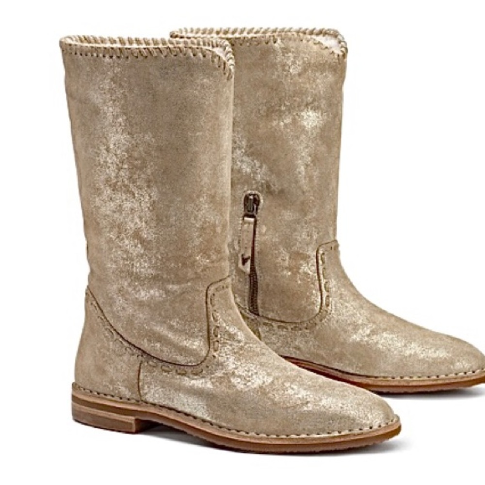 Trask Audra Tan Metallic Suede Genuine Shearling Lined Cushioned Sole Boot